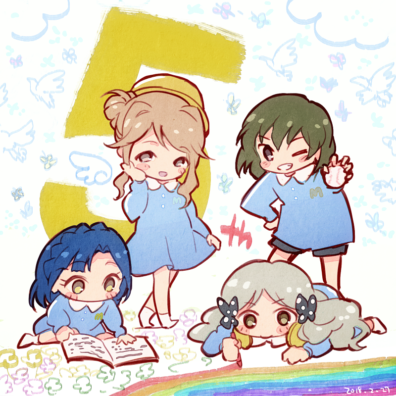 kindergarten uniform 4girls multiple girls school hat rainbow aged down one eye closed  illustration images
