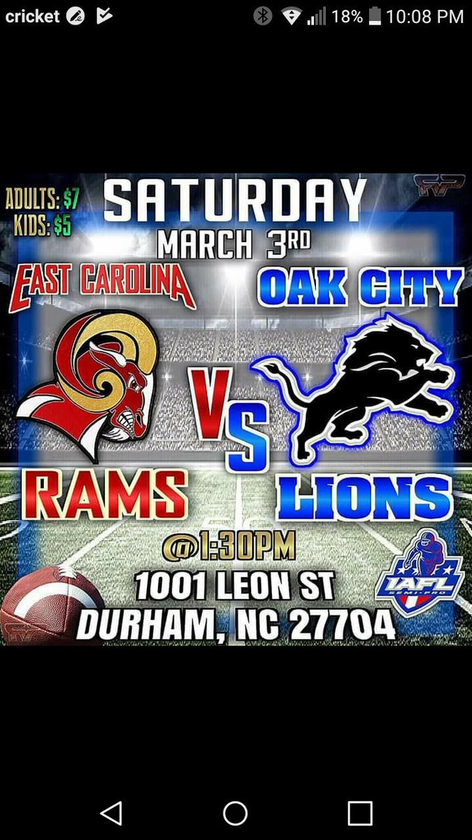 yse2040_dinero's tweet photo. Go Support my Squad Saturday #IAFL @semiproelite05 #7 #OakCityLions18 vs. #EastCarolinaRams they said we suck.😱😱😱 https://t.co/Iv79O48xla