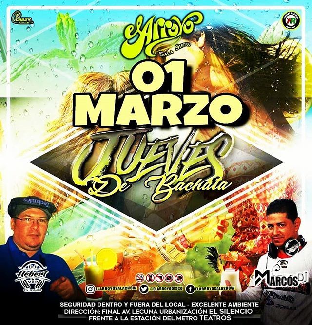elarroyodisco's tweet photo. #01Marzo #Quincena #JuevesDeBachata #Salsa #Pachanga #ladiesnight #9a12 #ChicasGratis #todalanoche @hebertdjelmvp @djmarcopaiva #LaDiscoDeModa @elarroyosalashow #estacion #MetroTeatros #fullseguridad #valletparking #invita #produciones #DjElCrazy @the_e_… https://t.co/aCoA3ccqaw https://t.co/rUlQ23Pv8l