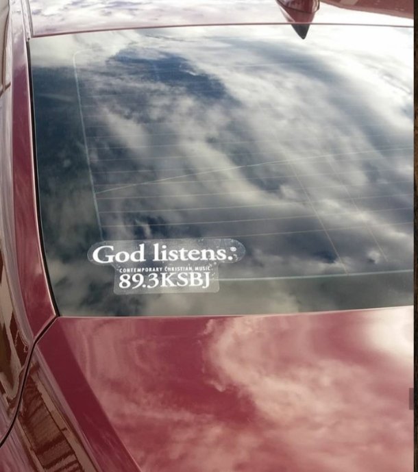 TxBeachLvr75's tweet image. What does a loyal @KSBJ listener do when God blesses them with a new car?? We put that #GodListens sticker on it!! #GodisGood #HeAnswersPrayers