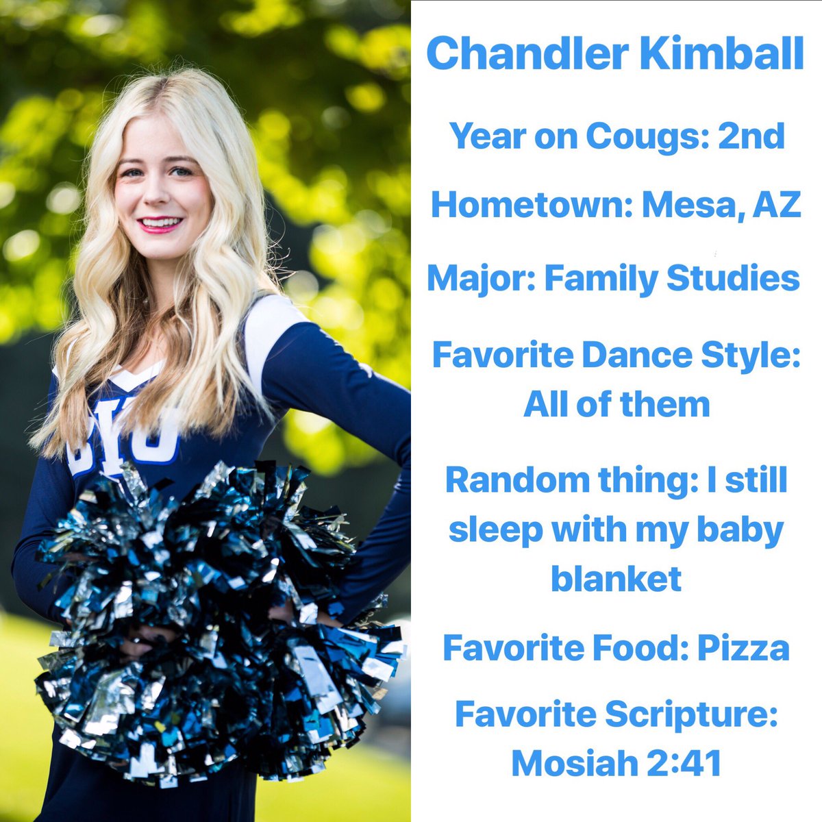 BYUCougarettes's tweet photo. This weeks Spotlight is the beautiful Chandler Kimball! Chandler has gorgeous technique and brings a smile to everyone! We love her! @channykimbs #togetherweareY #noDOubt #itsamatterof💙 https://t.co/jMKL3Vnhd3