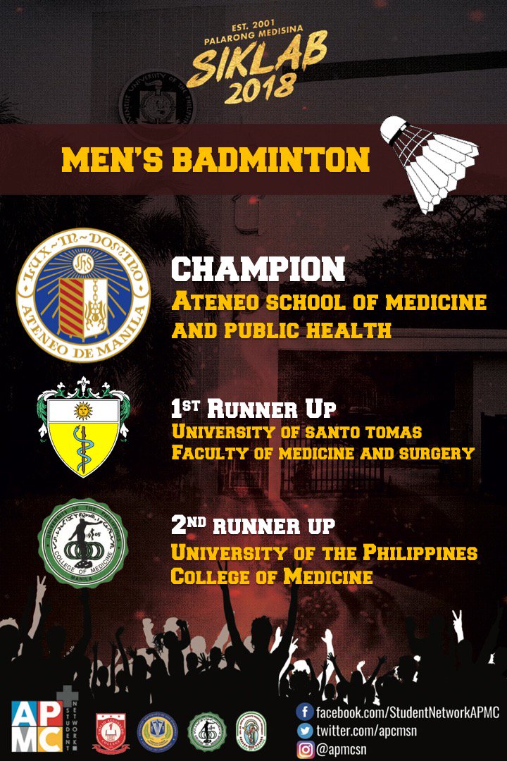 apmcsn's tweet photo. BADMINTON OFFICIAL RESULTS!
#PalarongMed2018
#Siklab
#strongerAPMCSN
#NCRSL https://t.co/dpGfZun7qf