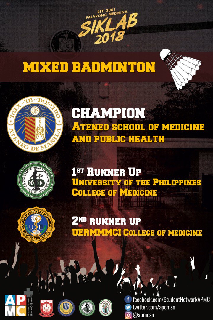 apmcsn's tweet photo. BADMINTON OFFICIAL RESULTS!
#PalarongMed2018
#Siklab
#strongerAPMCSN
#NCRSL https://t.co/dpGfZun7qf