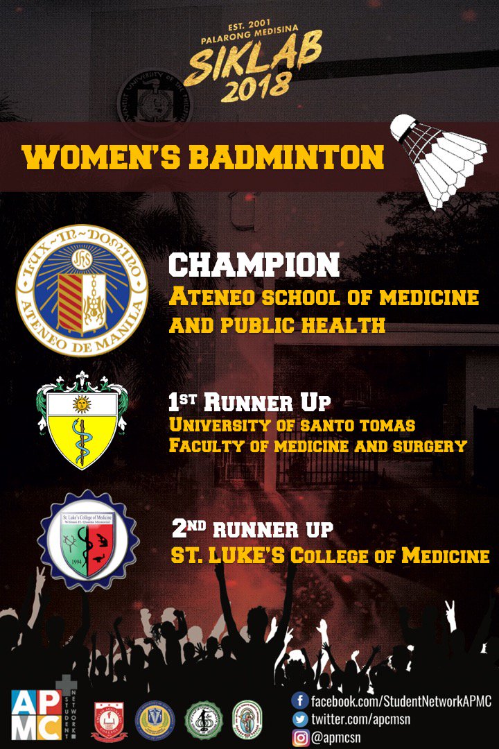 apmcsn's tweet photo. BADMINTON OFFICIAL RESULTS!
#PalarongMed2018
#Siklab
#strongerAPMCSN
#NCRSL https://t.co/dpGfZun7qf