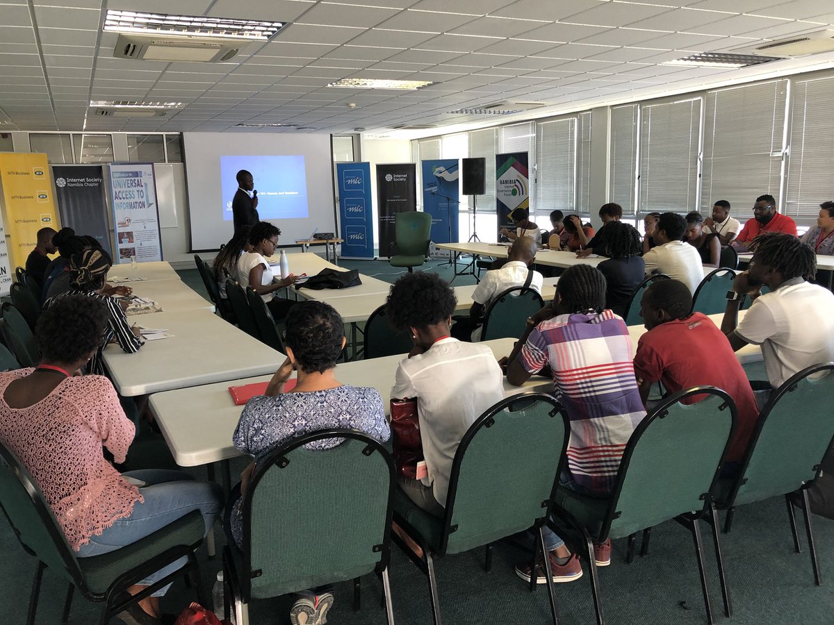ISOCNamibia's tweet photo. Day 2 #YouthCommNamibia Still full house @OmondiBob started with African Internet Ecosystem @VymalaThuron introduced the #Namibia Youth to @AFRINIC Our own @IamNaambo @Stancia_Shipepe Introduced @internetsociety & @ISOC_Africa 2018 Action Plan & Africa Strategy #YouthCommNamibia https://t.co/AtWFLHrAUY