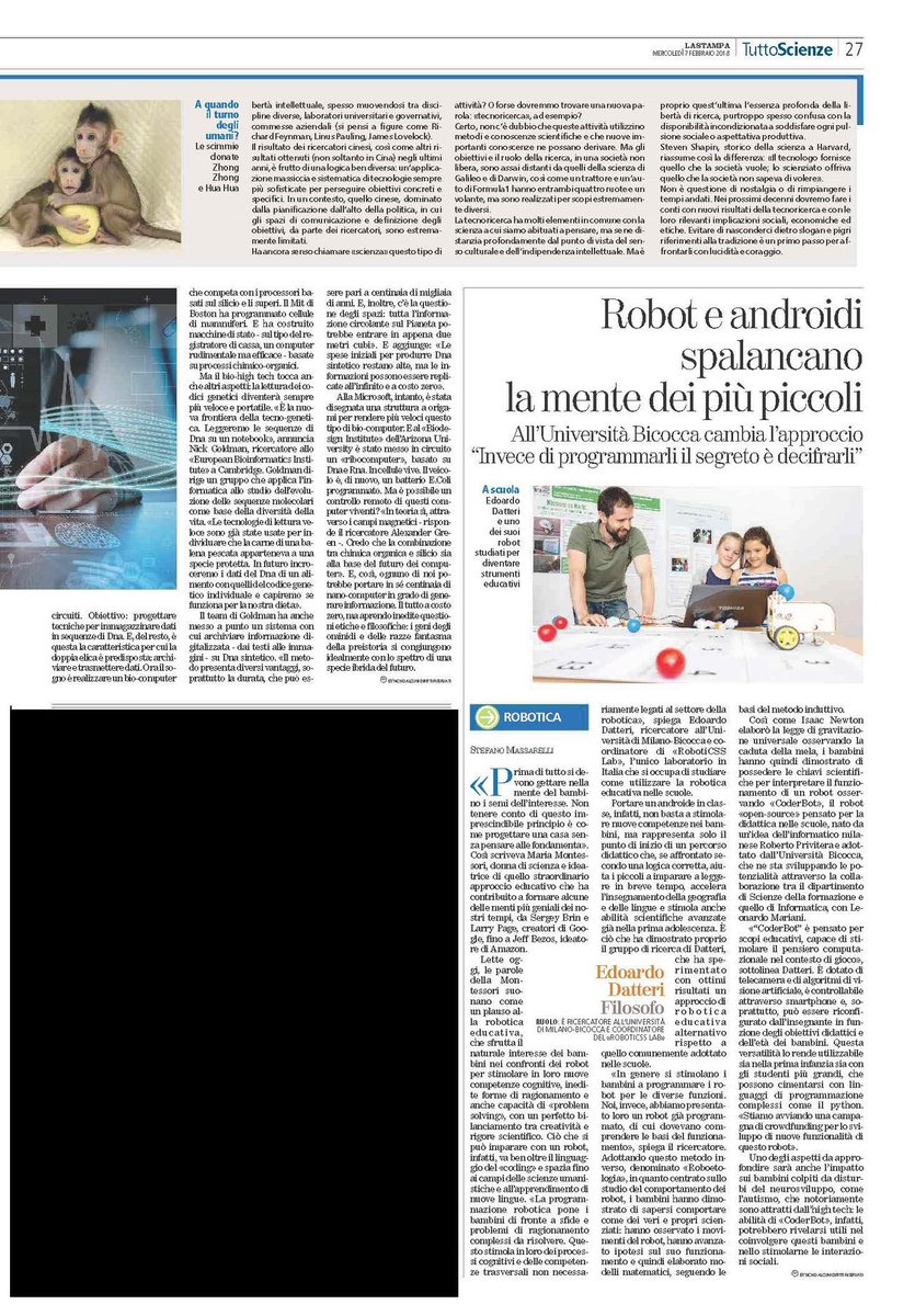 coderbotorg's tweet image. #CoderBot è sempre più famoso, ne ha parlato Stefano Massarelli su @LaStampa #TuttoScienze in questo articolo dove si affronta la didattica robotica come strumento per "aprire le menti" di bambini e ragazzi.
Sostieni #CoderBot su derev.com/coderbot fino al 26 aprile.
