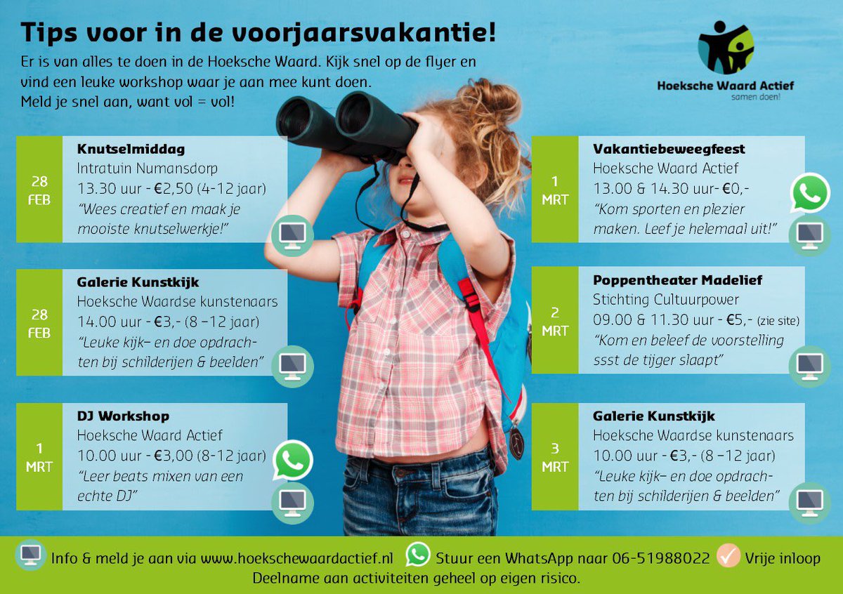 Doortjedeboer's tweet photo. VAKANTIETIPS in de voorjaarsvakantie. Neem eens een kijkje op onze website #talentontwikkeling #samendoen -#hoekschewaard @vrwelzijn @HW_Actief https://t.co/7AbW2E9lny