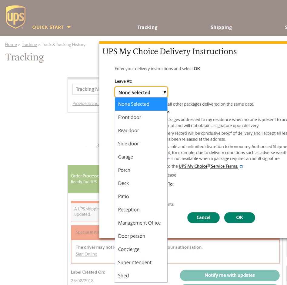 the_andrewhill's tweet image. @UPS My Choice Delivery doesn't let me have a parcel delivered to a neighbour, they are cool to leave it at my front door tho. I like my neighbours, they like me (erm??), let me decide what a good delivery looks like, I know my home, UPS don't.  #driveupyourcosts #faileddelivery