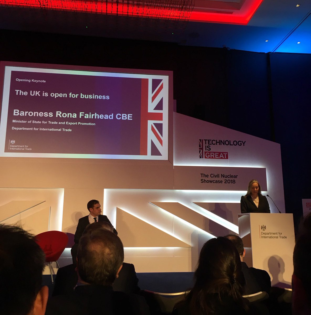 SellafieldLtd's tweet photo. Baroness Rona Fairhead CBE opens the #CivilNuclearShowcase by speaking about #Sellafield leading the #Nuclear industry from the first commercial reactors at #Calderhall to today @tradegovuk https://t.co/uGNhE5yrt0