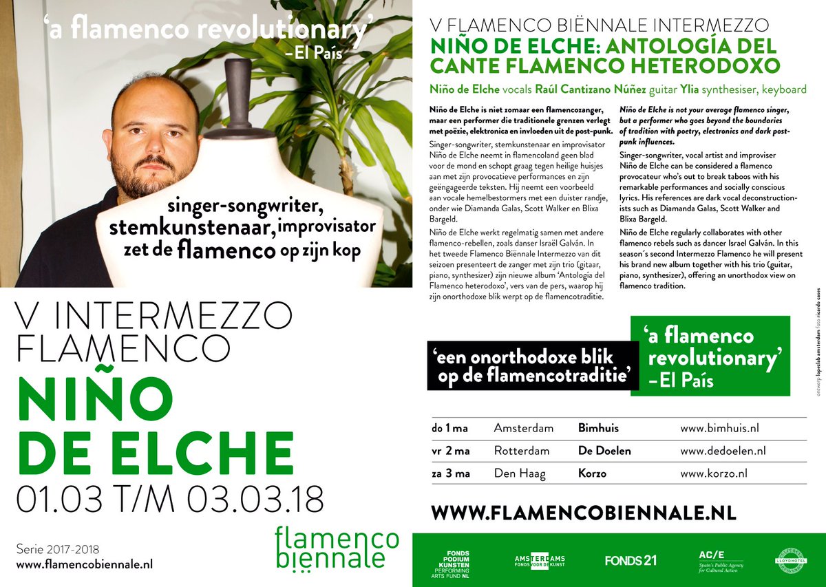 Een onweerstaanbare mix van flamenco, poëzie en electronica: het 2e Intermezzo Flamenco van dit seizoen! Niño de Elche presenteert van 1-3 maart zijn soloalbum, vers van de pers. ow.ly/3KRO30iDvAV
#flamenco #flamencofestival #bimhuis #dedoelen #korzotheater #ninodeelche