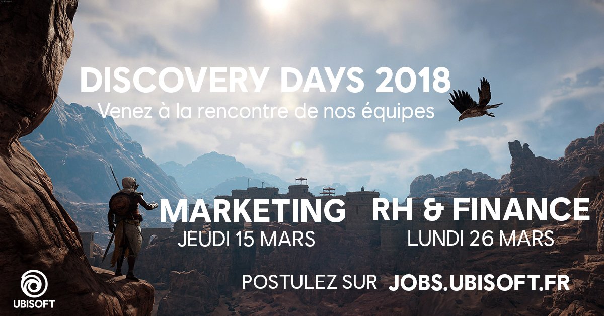 UbisoftFR's tweet photo. À la recherche d’un stage en Marketing, Finance ou RH dès juillet 2018 ? Postulez et participez aux Discovery Days #Ubisoft les 15 &amp; 26 mars prochains !
🤓 Pour postuler, c’est par ici : https://t.co/JOvmyRfUjW
👉 Et pour en savoir plus : https://t.co/8rsuAnbbrC https://t.co/KnapC5iW9U