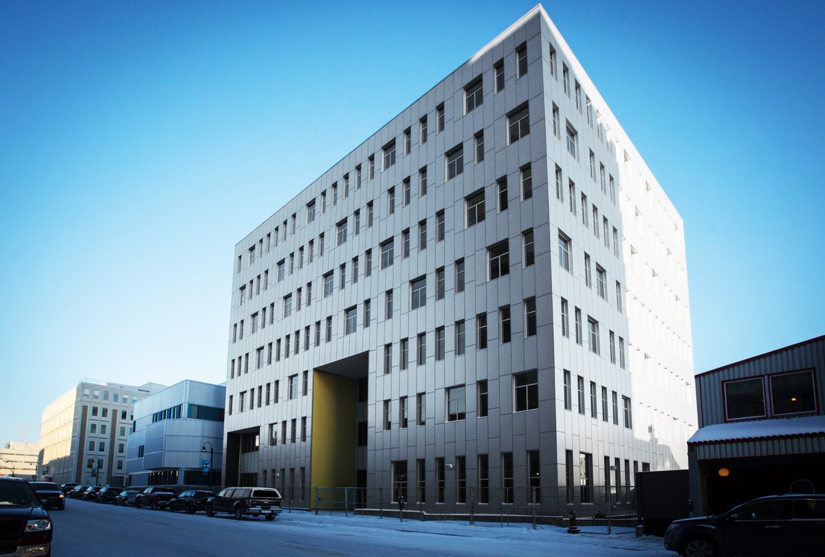 AL13Panel's tweet image. The GNWT building in Yellowknife houses the Northwest Territories Public Works and Services. The tower is wrapped with our AL13 Panel System in a special silver metallic. #architecture #acmcladding