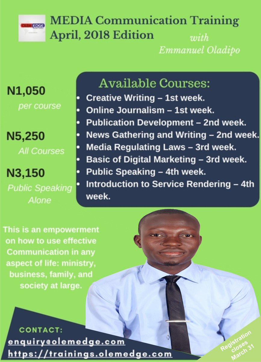 emmandipo's tweet photo. Registration commences for our in-house #MEDIACommunicationTraining
#GrandeurCommunicator - https://t.co/4J3tbHTEJK
#BusinessLeveragesSystem - https://t.co/fi6k4Rfj5U
#PublicSpeaking - https://t.co/ZlkqeOnBlK
(+234) 07013289600; 08153745017. https://t.co/UaZoVMmRzC