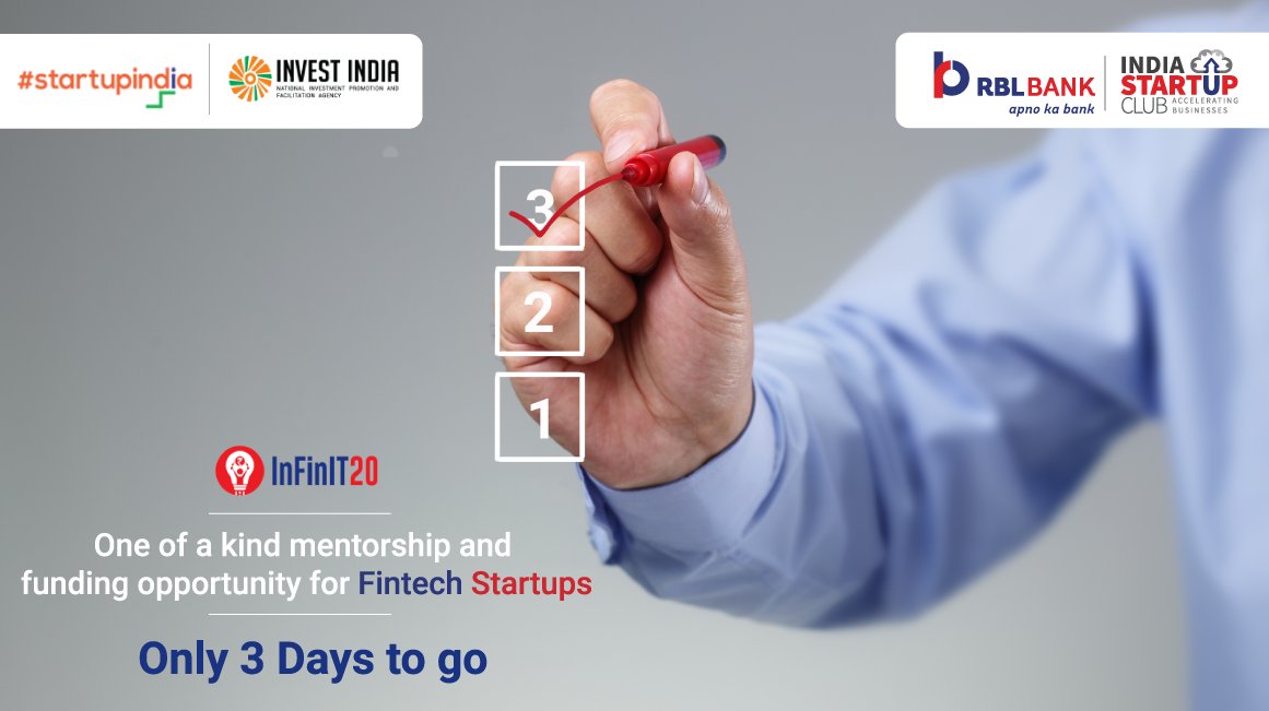 rblbank's tweet photo. Only 3 days left to register for #InFinIT20, a mentorship program for #Fintech #Startups to help them achieve their #BusinessGoals.
Hurry and apply now: https://t.co/fgE4ZKYgUJ
#RBLBank #IndiaStartupClub #StartupsMentorship #StartupIndia #FinTechStartups @startupindia #FinTech https://t.co/3luwa3rFwB