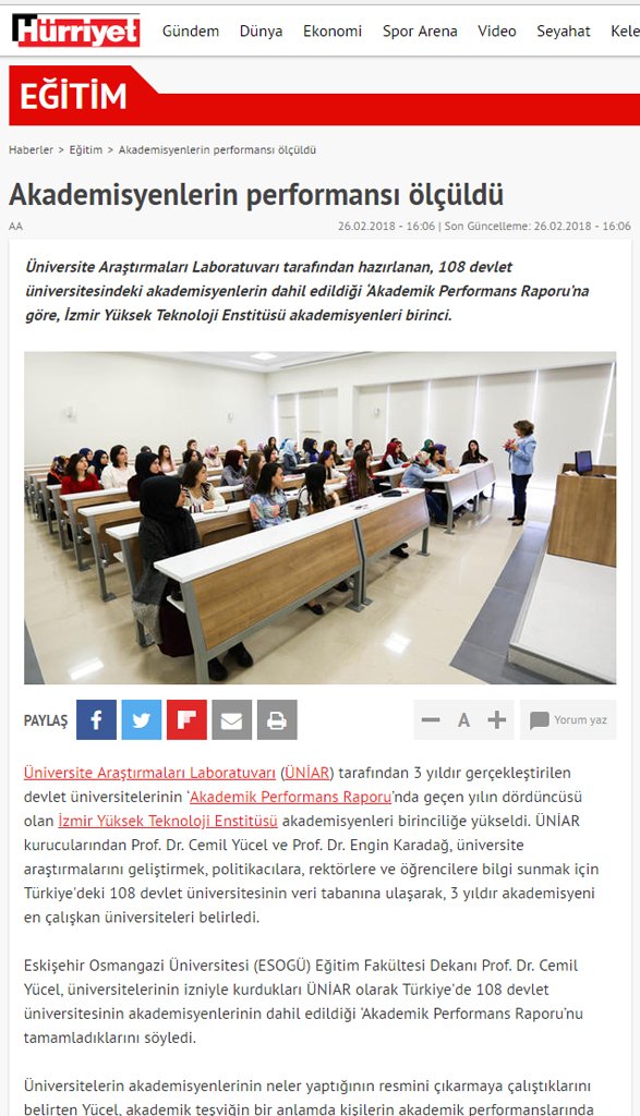 İYTE, akademik performansta Türkiye birincisi
UNİAR tarafından, 108 devlet üniversitesindeki akademisyenler dahil edilerek hazırlanan ‘Akademik Performans Raporu’na göre, İYTE akademisyenleri birinci. hurriyet.com.tr/egitim/akademi…