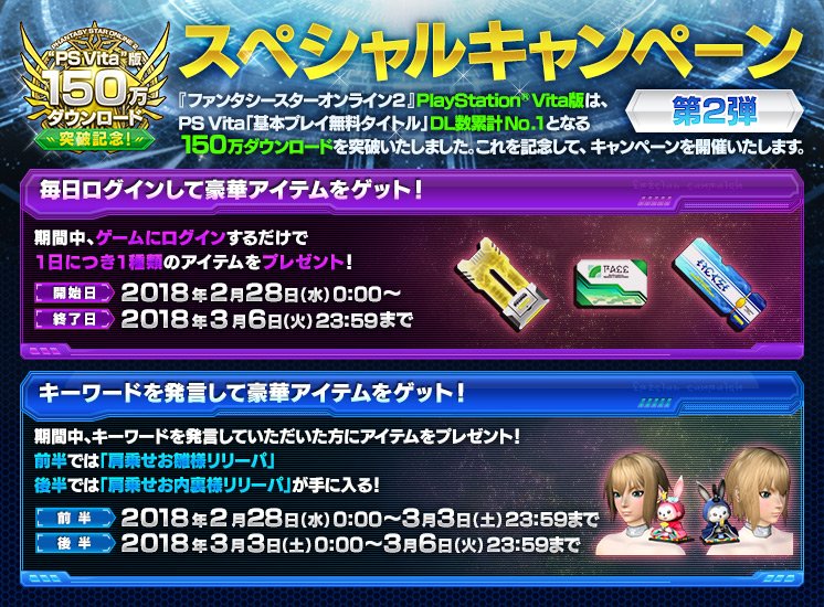 Phantasystaronline2 Ps Vita 版150万ダウンロード 突破記念スペシャルキャンペーン 第2弾 2 28 水 0 00 3月6日 火 23 59は毎日ログインして豪華アイテムをゲット さらにゲーム内チャット発言でもプレゼントを配付 T Co Xmcdnl08pc Phantasystaronline2 Ps Vita 版150万ダウンロード 突破記念スペシャルキャンペーン 第2弾 2 28 水 0 00 3月6日 火 23 59は毎日ログインして豪華アイテムをゲット さらにゲーム内チャット発言でもプレゼントを配付 T Co Xmcdnl08pc