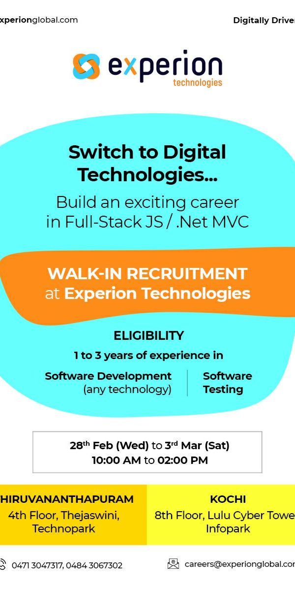 experionglobal's tweet photo. Walk-in #recruitment drive at the Trivandrum &amp; Kochi offices of Experion, starting 28 Feb (10 a.m. to 1.00 p.m.) till 03 Mar, Saturday. Join us to transform your career! https://t.co/MevQlAZAso