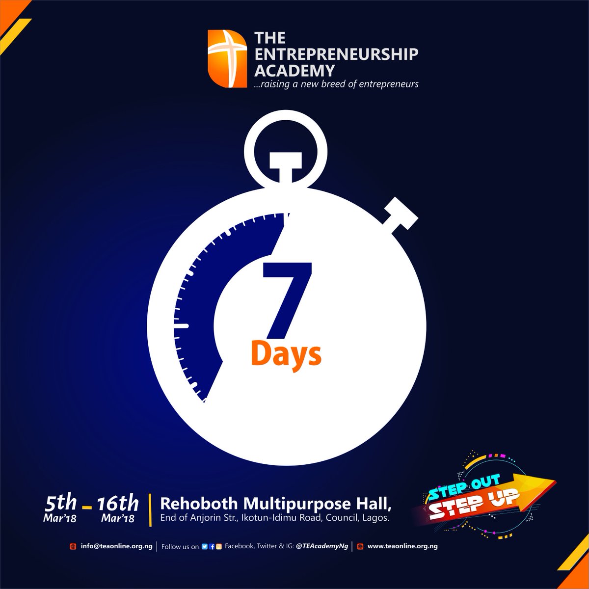 TEAcademyNG's tweet image. 7 more days to go.. 2 weeks of intense training for just N12,500 friends you have to be there! visit 
teaonline.org.ng. to register 
#teacademy2018 #stepoutstepup #thesupreentepreneur