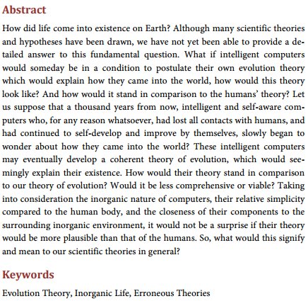 Scirp_Papers's tweet image. Could Intelligent Computers Postulate Their Own #EvolutionTheory Which Would Be More Plausible than that of the Humans? More @ mrw.so/145ulk