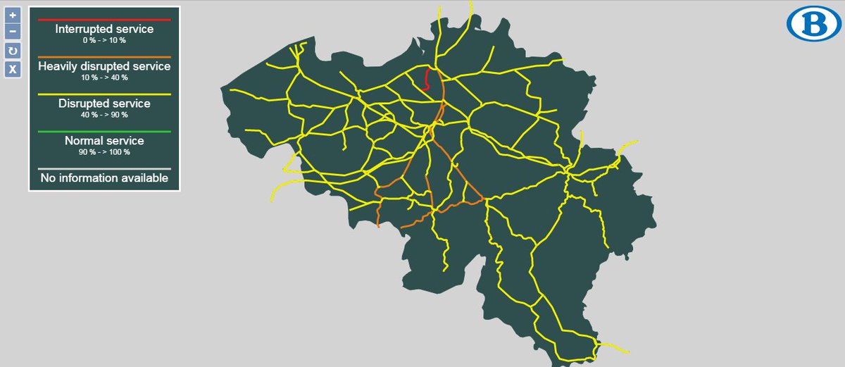 NMBS's tweet photo. #staking2702: In het noorden van 't land rijdt het merendeel van de treinen, maar storingen mogelijk op enkele IC-verbindingen. In zuiden van het land rijdt minder dan de helft van de treinen.

Real time status treinverkeer: https://t.co/Qib6QFi6Ix
Huidige situatie om 7u45:
#NMBS https://t.co/motXm5BhV0