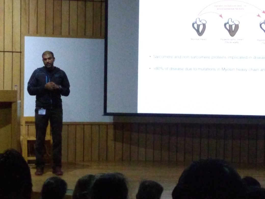 DBT_inStem's tweet photo. Dr Minhaj Sirajuddin from the Centre for Cardiovascular Biology & Disease, inStem begins his talk on understanding the role of #sarcomeric #protein biology and its implications in #cardiomyopathy. - inStem Annual Review https://t.co/y9rmyxmcOo