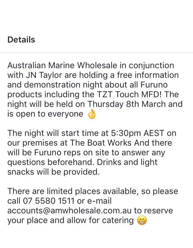 AMWholesale's tweet photo. ICYMI - free #Furuno information night next Thursday in our interactive #AMWSuperstore showroom at #TheBoatWorks! There are still places available - call us on 07 5580 1511 to reserve your spot 😍

#AMWholesale #theboatworks #marine #marineelectronics #boating #fishing #marine https://t.co/HNzKxrZYoX