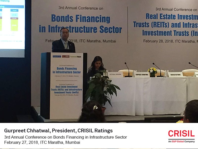 CrisilLimited's tweet photo. Gurpreet Chhatwal, President #CRISILRatings giving his talk titled 'Trends and Outlook' at the Third Annual Conference in #BondFinancing for #Infrastructure, organised by @india_infra. https://t.co/4fb7hqwdRT