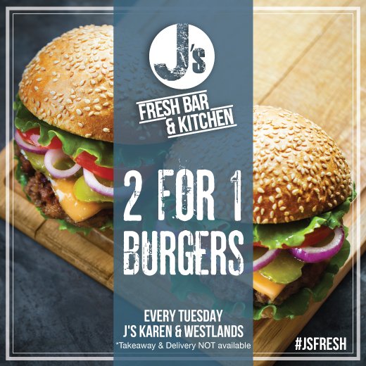JsFreshKitchen's tweet photo. #TWOSDAY
Enjoy our mouthwatering All-Day-Every-Tuesday 2-for-1 Burger Deal at J’s Karen & Westlands. #JsFresh https://t.co/tCBOh7U6QW