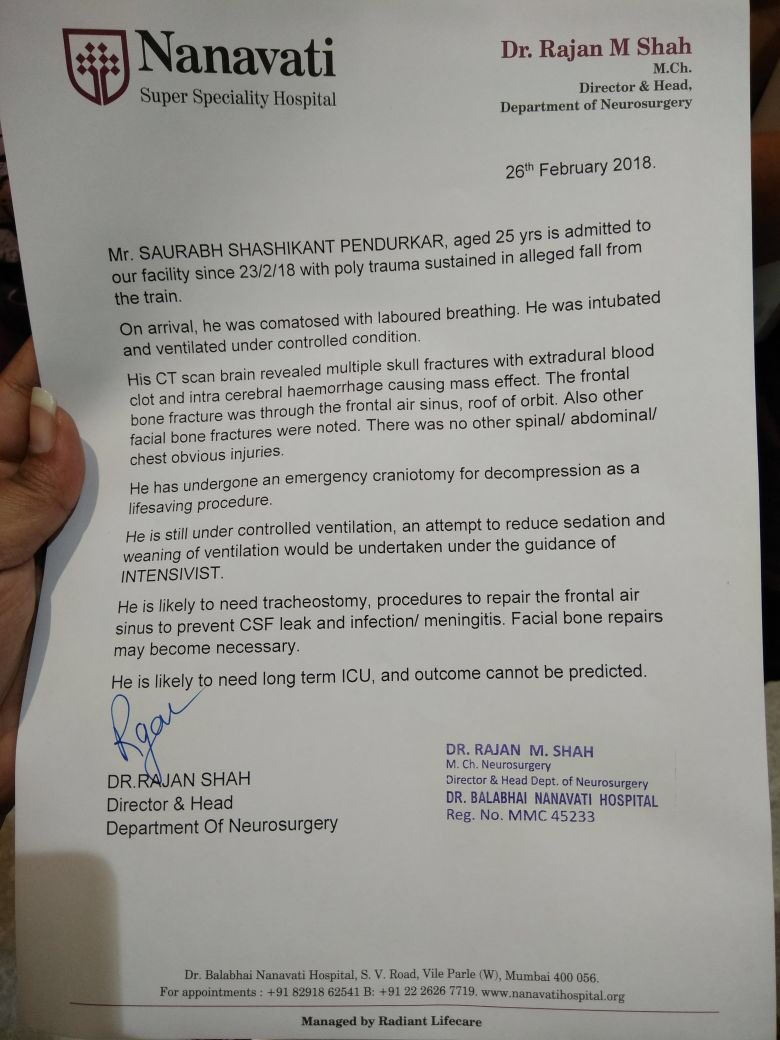 indiaforums's tweet photo. Another victim of the overcrowding in the Mumbai locals. #Saurabh is battling for his life at @Nanavati_H &amp; the family cannot afford the costs of the surgeries. we request our followers to Kindly help us spread the word &amp; contribute in any way possible!
👇
https://t.co/3BuPf6lDwX https://t.co/PSBSb8qqbt