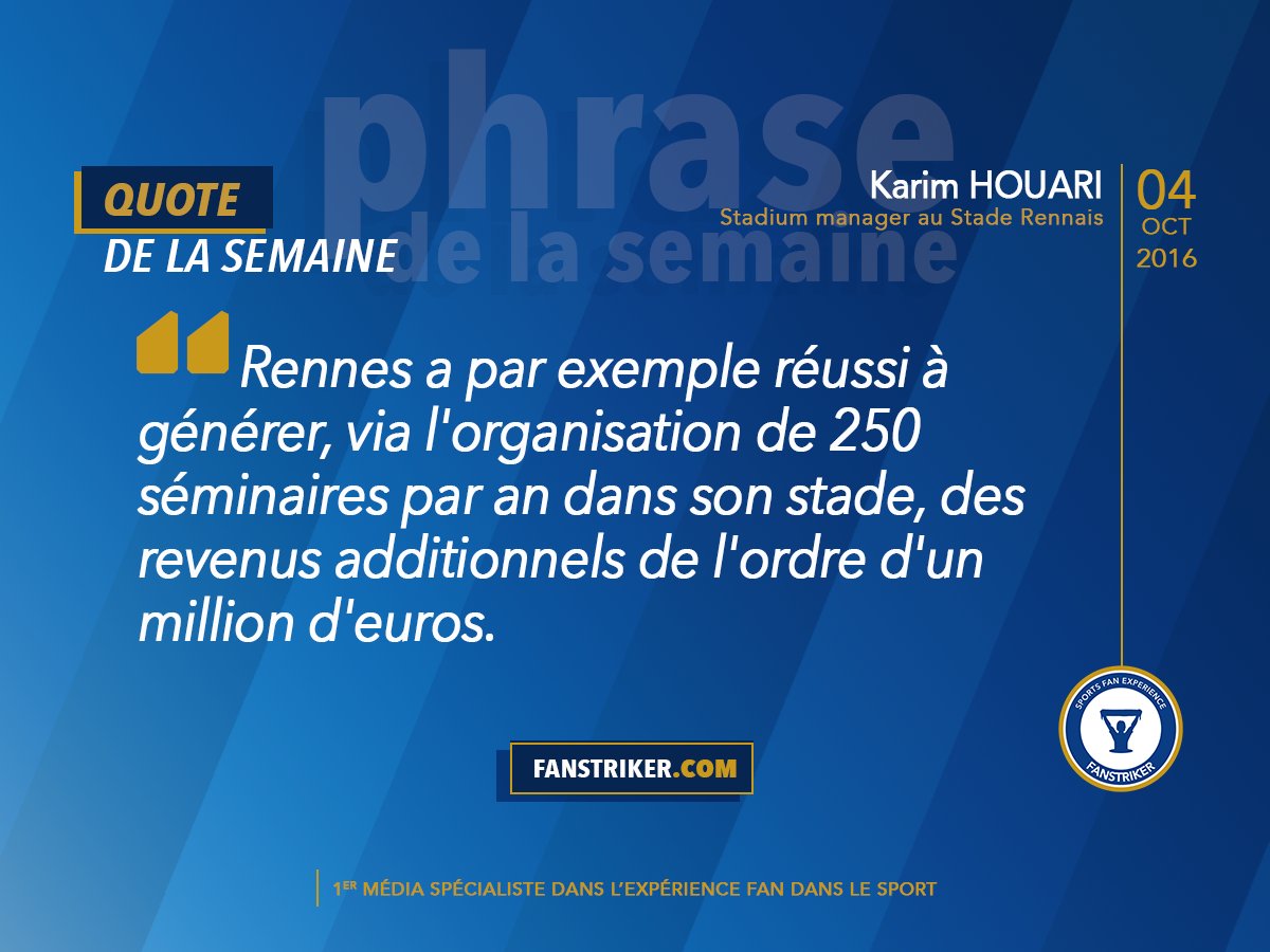 fanstriker's tweet photo. #QuoteOfTheWeek 💬
L'objectif est de faire de son stade un stade qui génère des revenus hors jour de match. 
#SportBiz #StadiumManager https://t.co/Cimm0pxamt