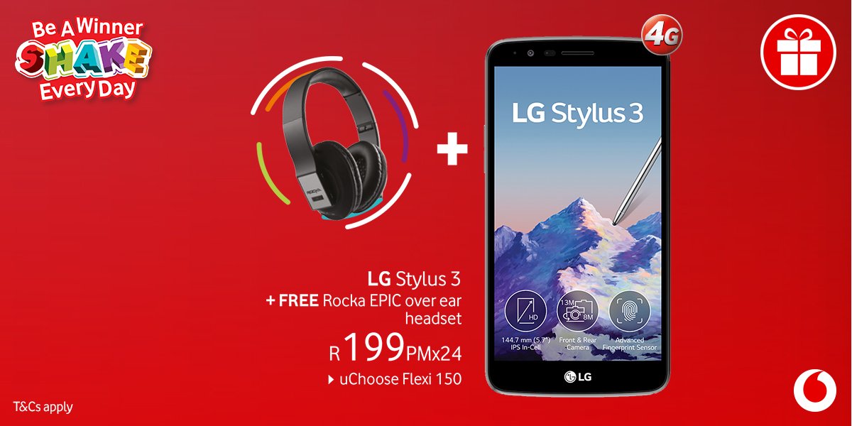 Vodacom's tweet photo. Keep it real this Summer. Get the LG Stylus 3 + a FREE Rocka EPIC Over Ear headset. Shake to Unlock today’s #Shake Everyday prize by RTing this tweet: https://t.co/AGe9DArMuv T&amp;Cs apply https://t.co/EanVGb8BMF