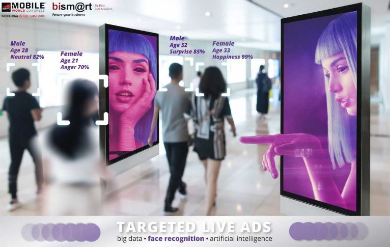 Bismart2009's tweet photo. Segon dia al #MWC18!! Acosteu-vos al nostre booth per descobrir Targeted Live Ads, l'última solució de la fàbrica de somnis de Bismart! #MWC18 #IntelligentVideoWall #TargetedLiveAds #Artificial_Intelligence #FaceRecognition #Emotions #StreetMarketing #Marketing https://t.co/FkyxVeXzNq