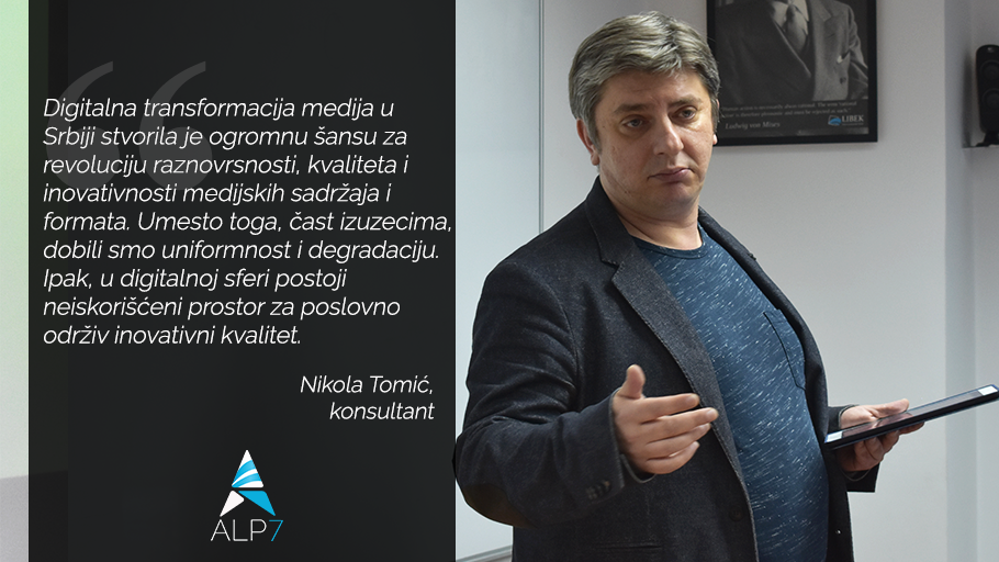 LibekBG's tweet photo. Prošle nedelje na glavnom programu Akademije liberalne politike 7 predavanje je održao @blablaTomiccc , konsultant, na temu Štampani mediji u Srbiji. #ALP7 https://t.co/2LeBa7Wczf