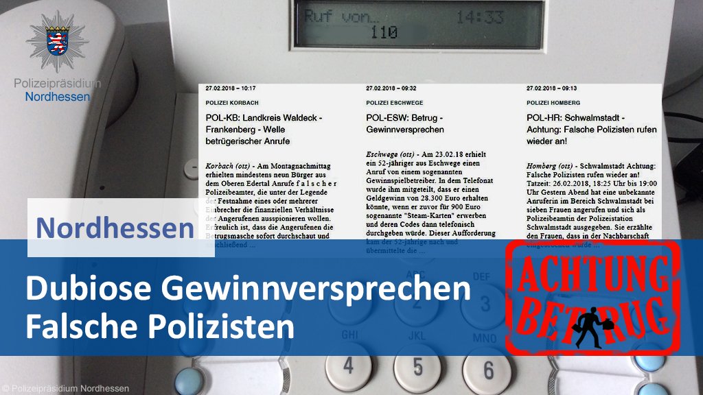 Polizei_NH's tweet photo. Langsam müssten die Betrüger doch die Nase voll haben. Unsere angerufenen #Nordhessen legen einfach auf ☎
Zum "Betrugsradar" ➡https://t.co/rIDz7hxWmW
#GenugBetrug #CallIDSpoofing #FakeAnruf https://t.co/cVvx0FicCH