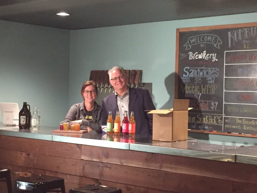 BrewkeryKc's tweet photo. @amy_goldman90 hanging out with @joelkclive in the taproom. NBD... #kombucha #luckyelixir https://t.co/91QlMPxgmk