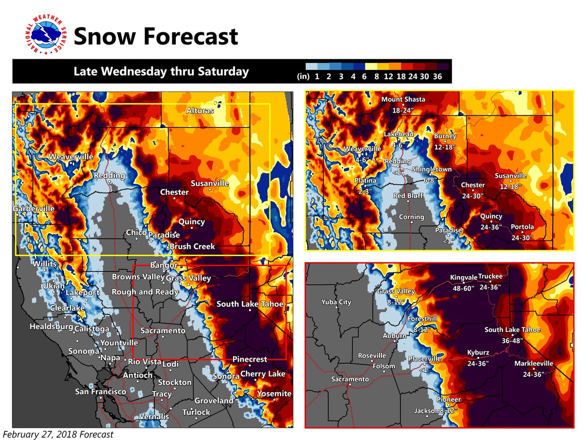 NWSSacramento's tweet photo. Very heavy snowfall accumulations are forecast for the foothills and mountains of interior #NorCal later this week. Heaviest snow expected to begin Wednesday night with major travel delays possible by Thursday. Plan travel accordingly! #CAwx https://t.co/jxIfrqLrxi