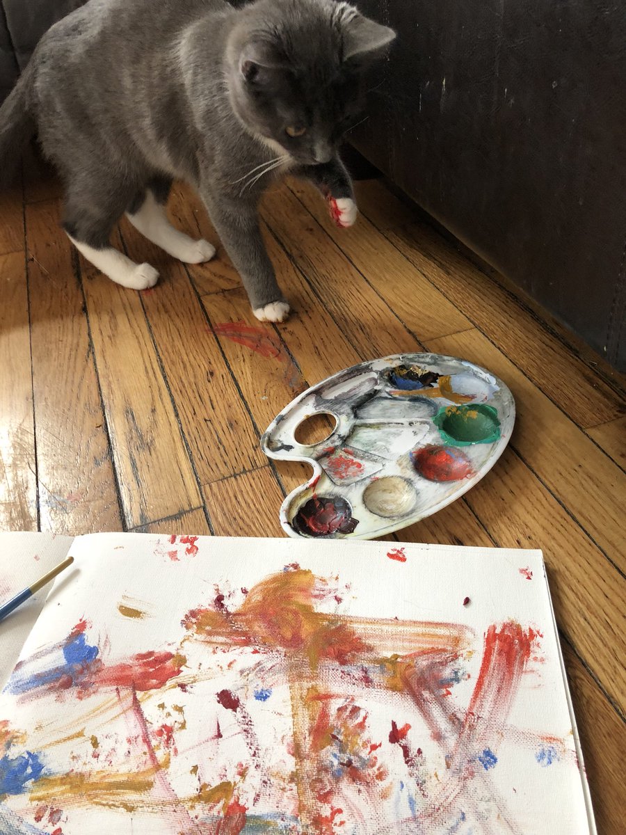 Love4bubby's tweet photo. Took my paints out and a second later this was the masterpiece in front of me. Sometimes animals can surprise you. For a Kitty Kaï original DM me. And share please. He did this all on his own. https://t.co/AcjnIYQ0NX