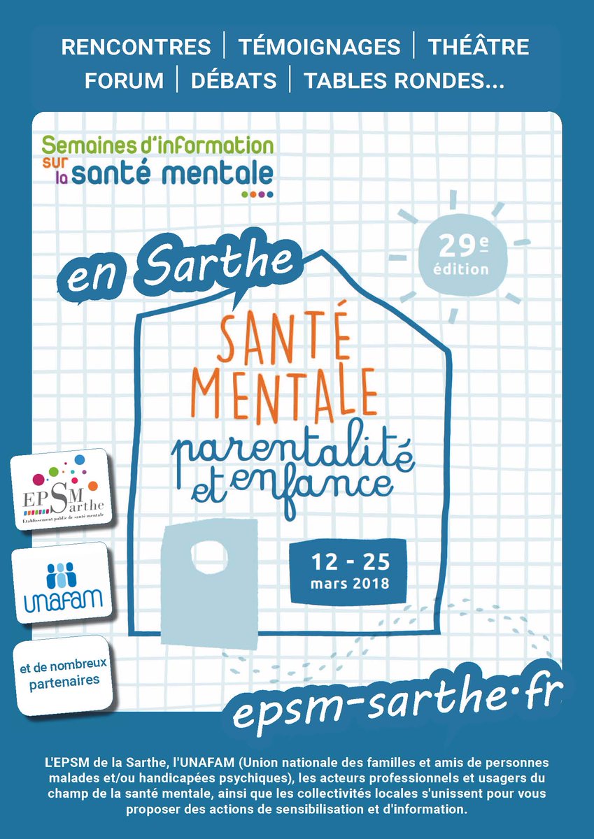 lasarthe_72's tweet photo. Les semaines d'information sur la santé mentale en #Sarthe : du 12 au 25 mars
🔎 Programme ▶️ https://t.co/cjbNcOva3j https://t.co/lgf2B54ZpB