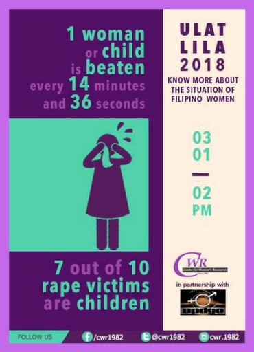 cwr1982's tweet photo. SAVE the DATE! | Know more about the relevant issues concerning #women from various sectors of the society. JOIN us on March 01, 2018 (2:00-5:00PM) @ the Balay Kalinaw, UP Diliman, QC!
#UlatLila #UL #UL2018 #IWD #IWD2018 #InternationalWomensDay #WomensDay #FilipinoWomen https://t.co/5TyHUUAHuj