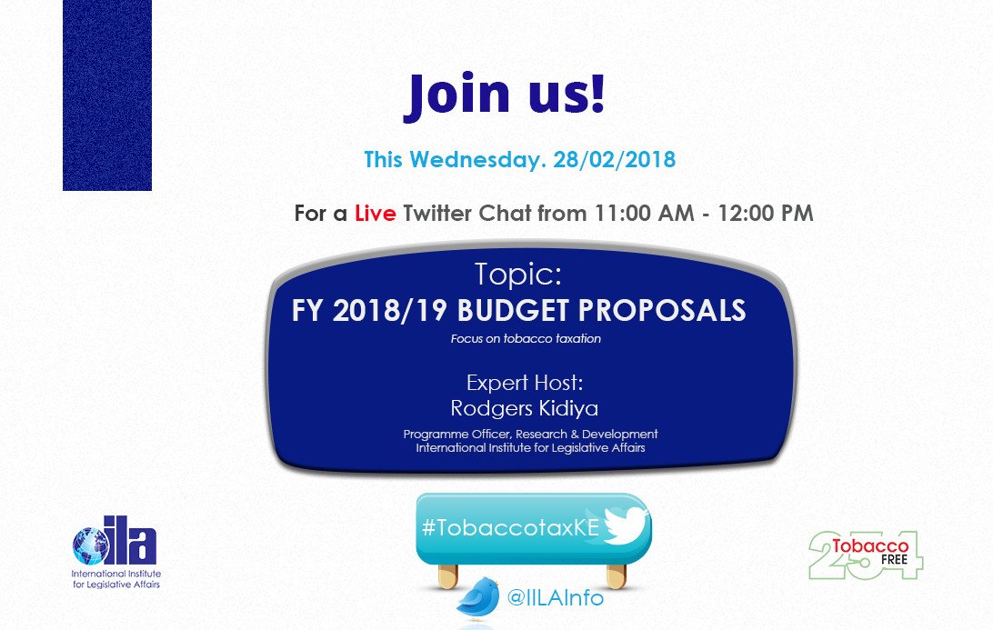 TobaccoFree254's tweet photo. Remember our discussion on #tobacco taxation is tomorrow from 11am to 12pm.

SHARE COMMENTS &amp; QUESTIONS using #TobaccoTaxKE https://t.co/aU4MOS6G8M