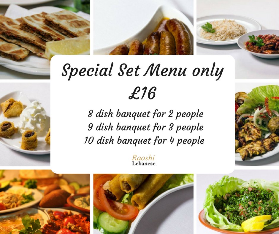 RaoshI_Rest's tweet photo. SPECIAL SET MENU 
Available EVERY DAY at Raoshi at just £16 per per person - this is definitely something you should go for if you are new to Lebanese cuisine. #Manchester https://t.co/wefTa8dsVP