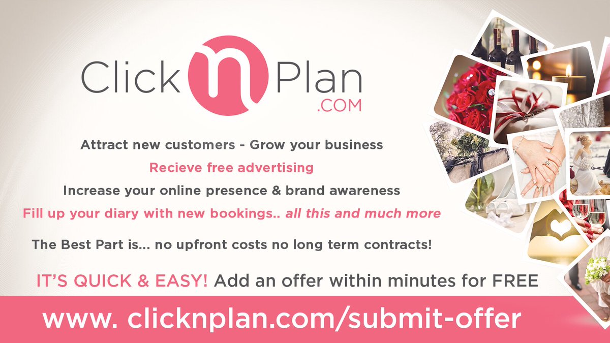 ClicknPlan1's tweet photo. Last month we had an increasing number of visitors to our website searching for offers and deals from professional wedding suppliers like you. Could you help our brides &amp; grooms create their perfect day and SAVE MONEY? #weddingsuppliers #weddingservices #specialoffers #Discounts https://t.co/kPg4qjjRwR