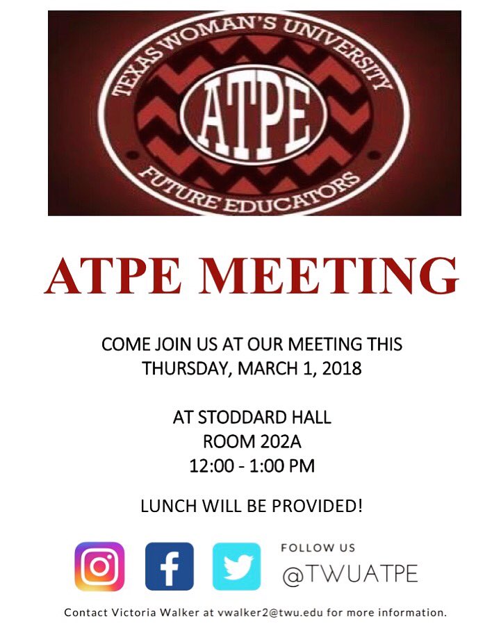Good morning everyone!☀️ 
ATPE March Meeting is this Thursday!! 
Come join us for useful information, lunch, and much much more. 
See you there! 
#twu #dentontwu