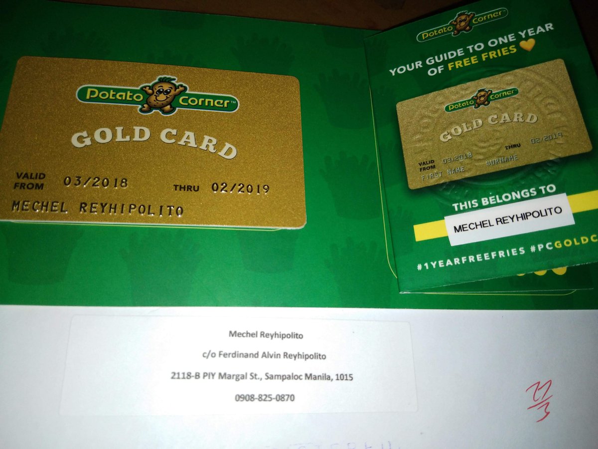 Mechel_RH's tweet photo. Yey! Gold card's here, potato corner every week diet here I come! #1yearfreefries #pcgoldcard thank you @PotatoCornerPH https://t.co/etZkyFK9gz