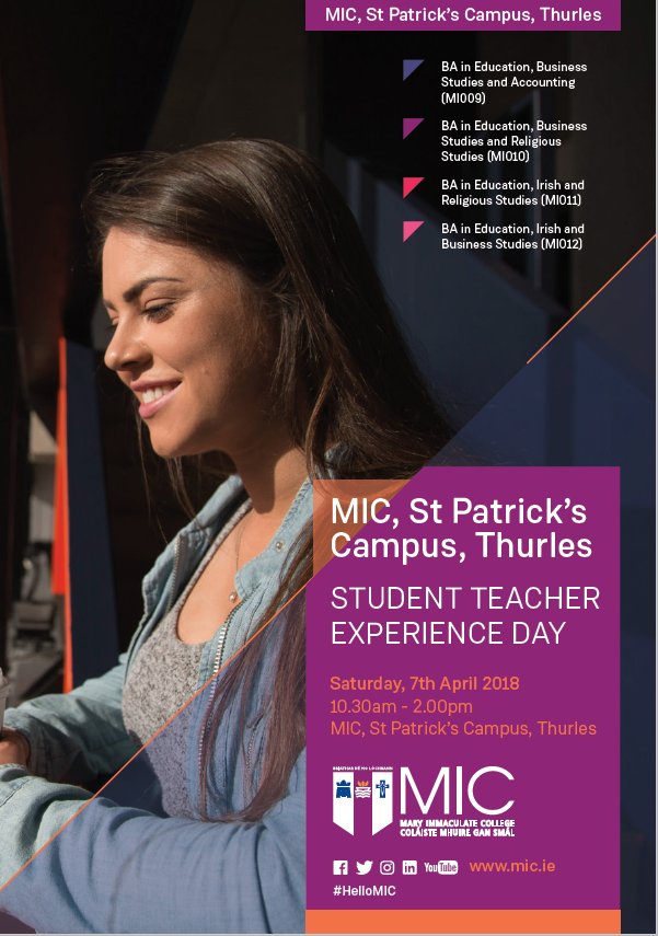 MICLimerick's tweet image. Interested in #postprimaryteaching? Our Student Teacher Experience Day is on in #MICThurles on Sat 7 April; students can attend a taster lecture related to one of the 4 teaching programmes offered there &amp;amp; tour the campus. More info on: goo.gl/j1FiHM, #HelloMIC #CAO2018