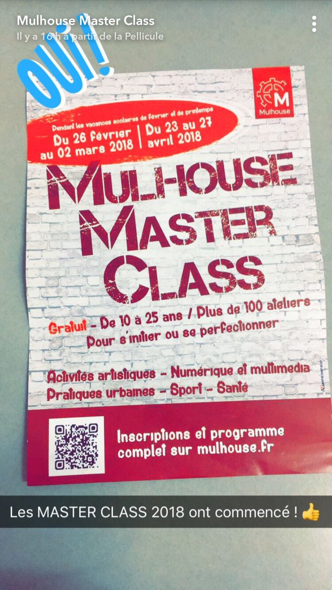 mulhouse's tweet photo. Suivez #MulhouseMasterClass sur #snapchat !👻😃👍 Du 26 février au 2 mars, plus de 150 ateliers gratuits sont proposés aux jeunes de 10 à 25 ans résidant à #Mulhouse &amp; dans l'agglo ! #Mulhousebouge https://t.co/ldvZmgeeJo https://t.co/OjK8uAeezp