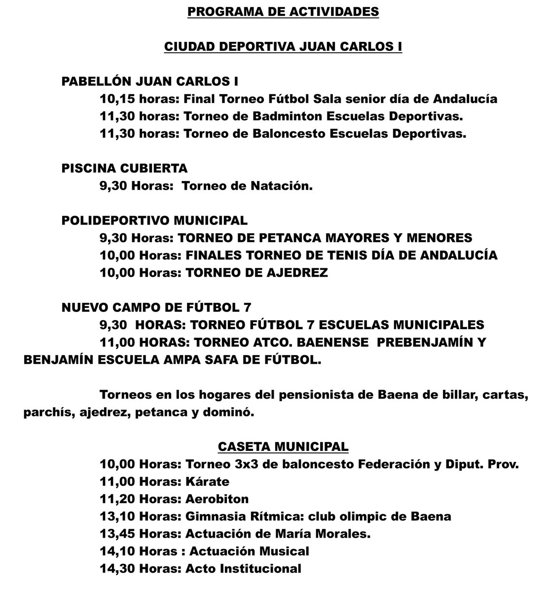 Consulta el horario de las distintas actividades que se celebrarán mañana en la Ciudad Deportiva "Juan Carlos I" y en la Caseta Municipal con motivo del Día de Andalucía