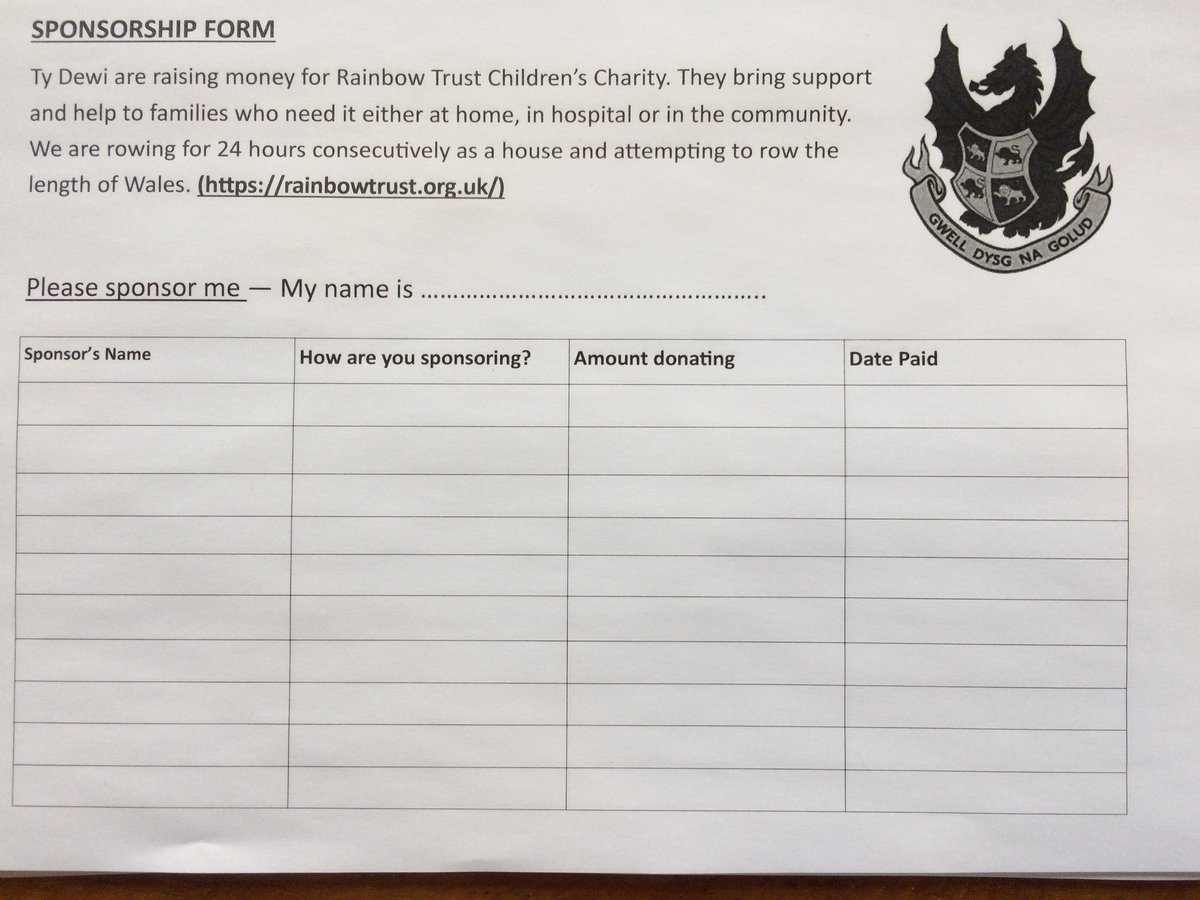 Ty_Ddewi's tweet photo. Every student in the house has been given a sponsorship form and a target of raising ยฃ20 each. If we can all achieve this goal, we will raise over ยฃ800 for the 'Rainbow Trust Children's Charity'. #achievement #challenge #fundraising #DEWIDAY https://t.co/z7U4Jj6qFS