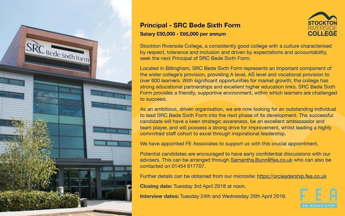 FEInsights's tweet photo. Great new leadership role for an aspiring 6th Form Principal. Delighted to be partnered with Stockton Riverside College. #edjobs https://t.co/MKULmaAbHx