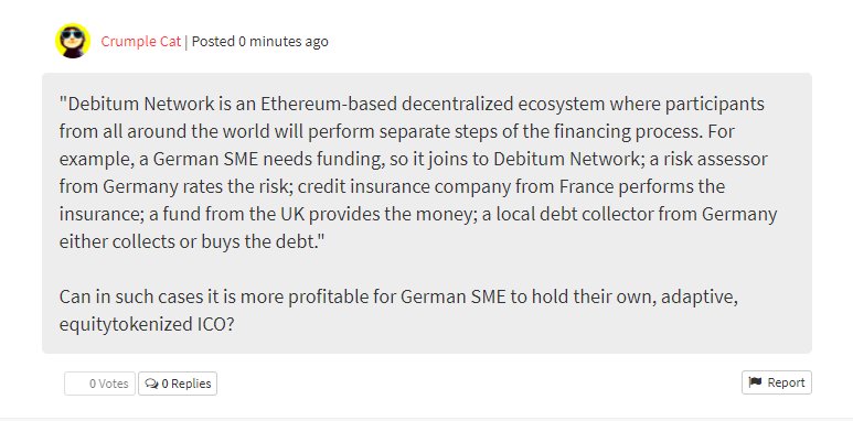 crumple_cat's tweet photo. My Industry Feedback for @DebitumNetwork on @Crowdholding https://t.co/7oWn20Khc5 #crypto #blockchain #tokenization #equitytokenization #equitytokens #ICOs https://t.co/xpZ3rrL9sK